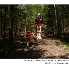 A young child, partially obscured by shadow, and an adult stand among many tall trees on a sun-dappled, dirt road