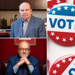 Headshots of Bob Shrum and Mike Murphy smiling at the camera next to a collection of "Vote" buttons on a white table.