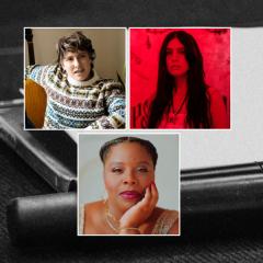 Headshot for Joey Soloway, Nadya Tolokonnikova, and Patrisse Cullors appear over a black and white photograph of a hand held microphone on a floor beside folded white paper.