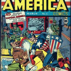 Illustrated comic book cover depicting Captain America punching Hitler