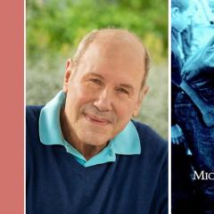 Headshot of Michael Eisner wearing a blue, collared shirt looking at the camera next to the cover design of his book, Camp.